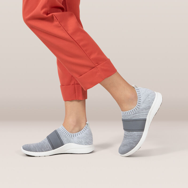 grey stretchy knit sneaker on foot